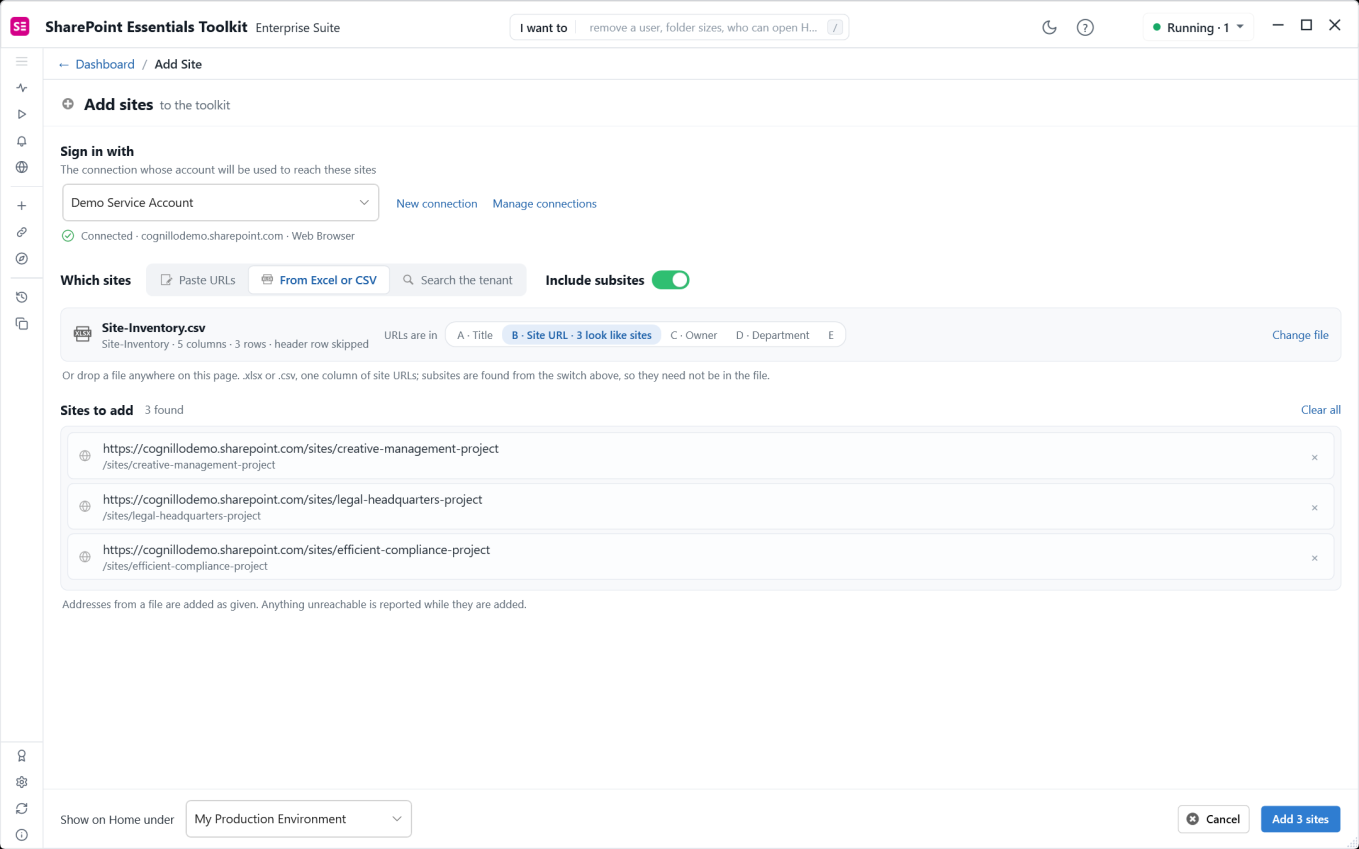 CSV inventory import with column B detected as Site URL and three addresses ready to add