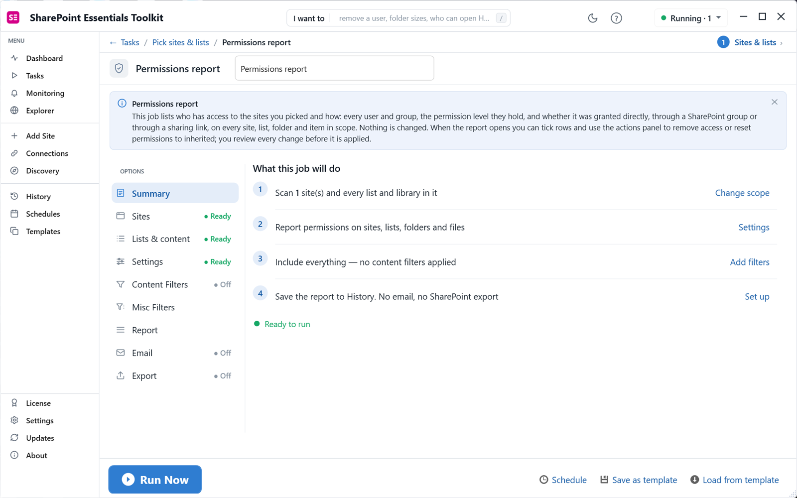 SharePoint permissions report options summary before running the job