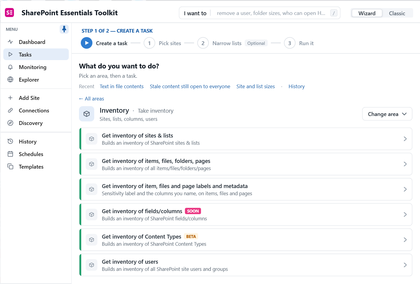 SharePoint inventory report tasks: sites and lists, items and files, labels and metadata, content types, users