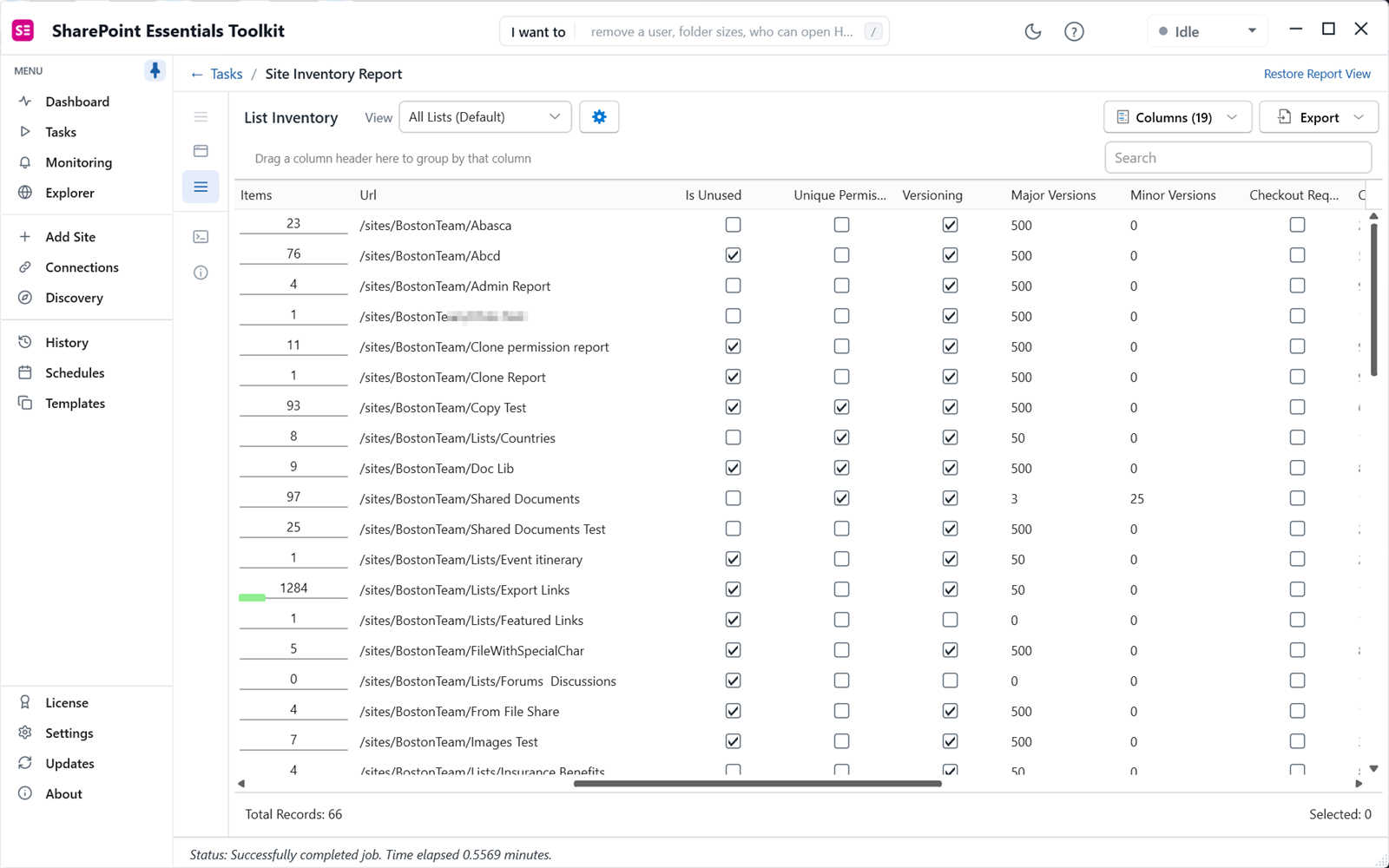 SharePoint migration list inventory with unused flag, unique permissions and version limits