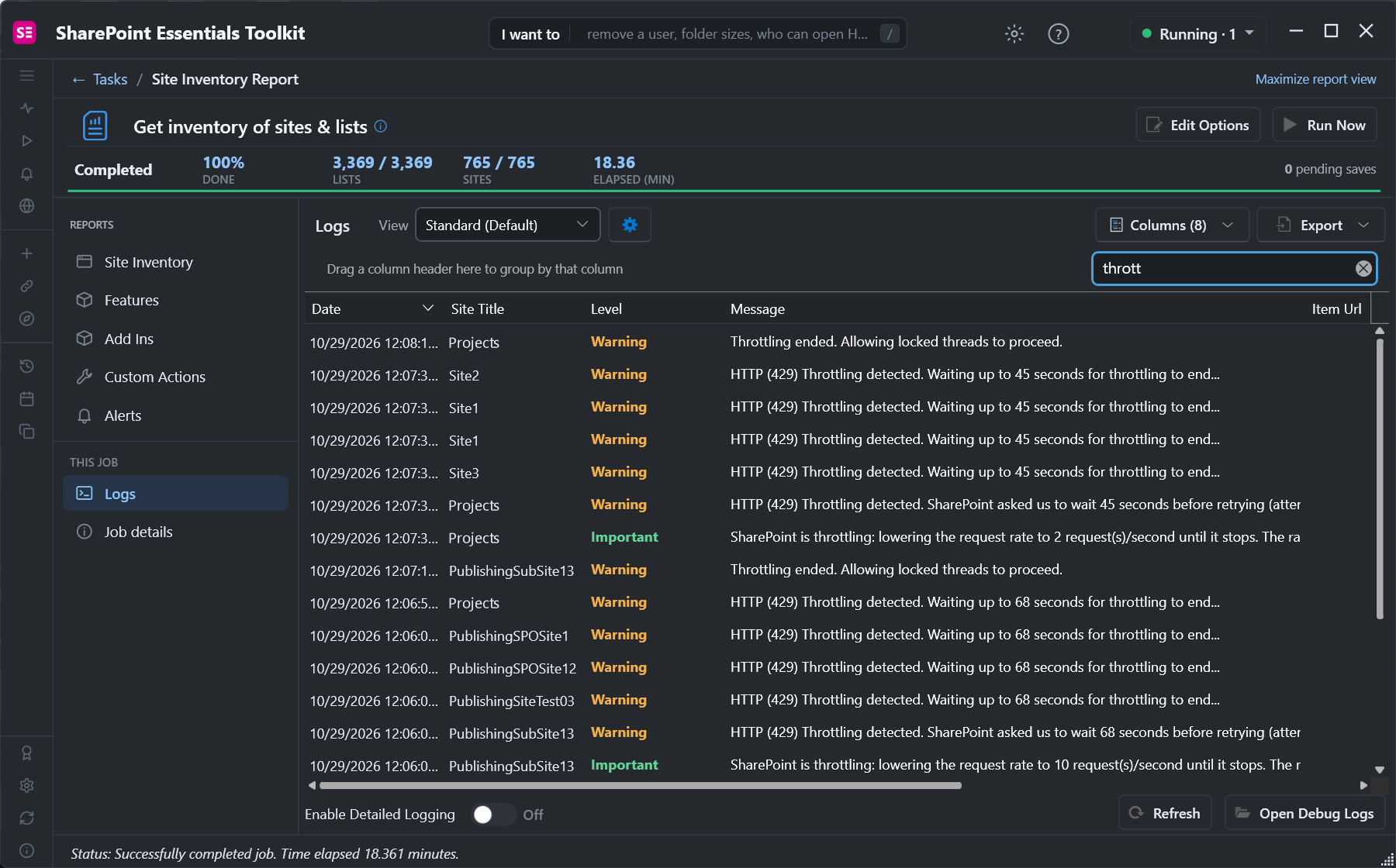 Logs filtered to thrott: HTTP (429) Throttling detected, waiting up to 45 seconds and 68 seconds; SharePoint asked us to wait 45 seconds before retrying; lowering the request rate to 2 requests per second; Throttling ended