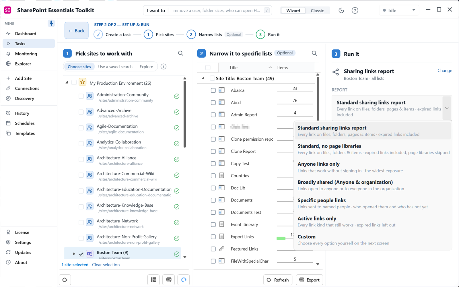 SharePoint sharing links report presets: Anyone links only, broadly shared, specific people and active links