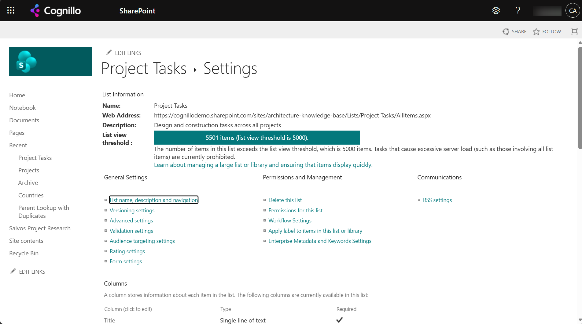 Project Tasks list settings: 5501 items (list view threshold is 5000), tasks that cause excessive server load are currently prohibited