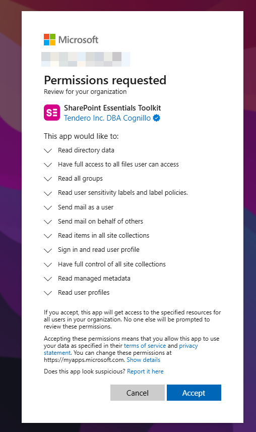 Microsoft consent page showing the shared app’s delegated permissions