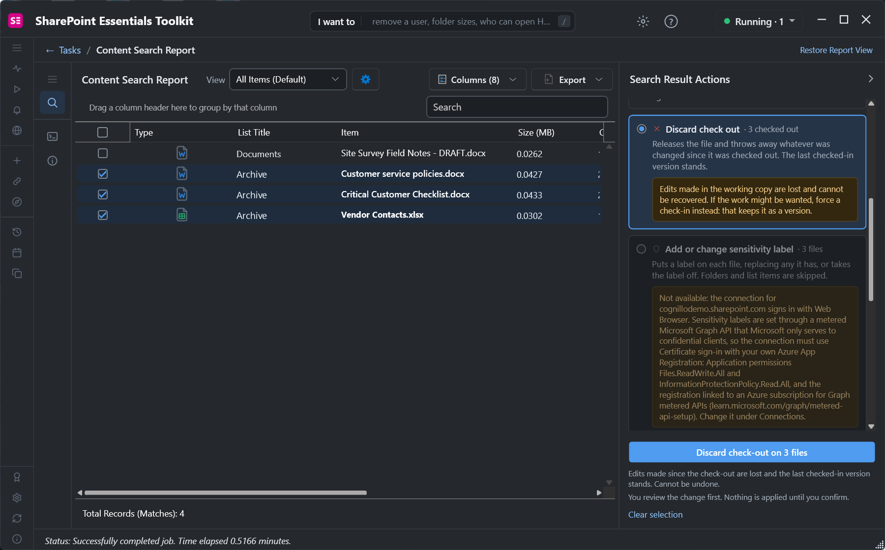 Discard check out option selected for three files in the Actions panel