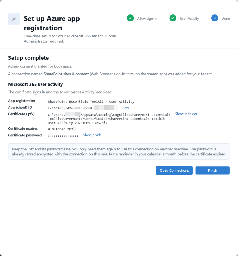 Setup complete summary showing the User Activity app and saved certificate connection details