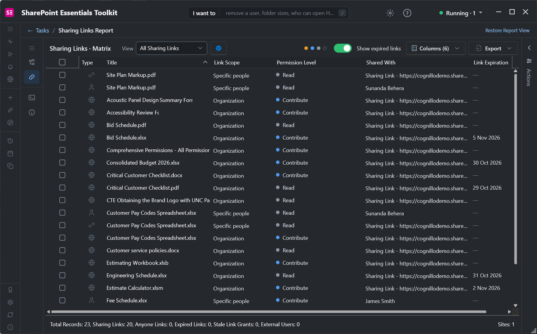 SharePoint sharing links report listing 20 links with link scope, permission level, shared with and link expiration