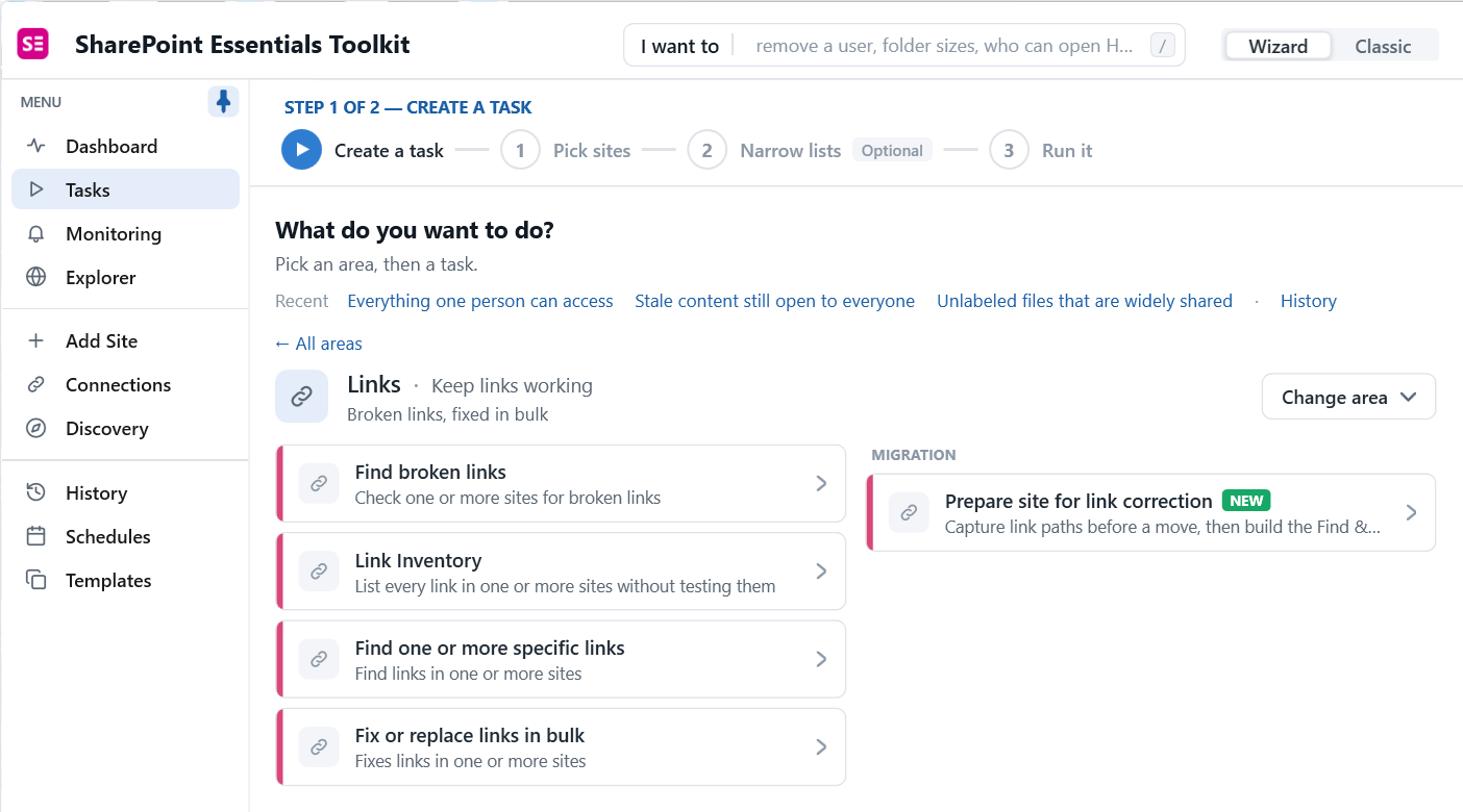 SharePoint broken link checker tasks: find broken links, link inventory, find specific links, fix links in bulk