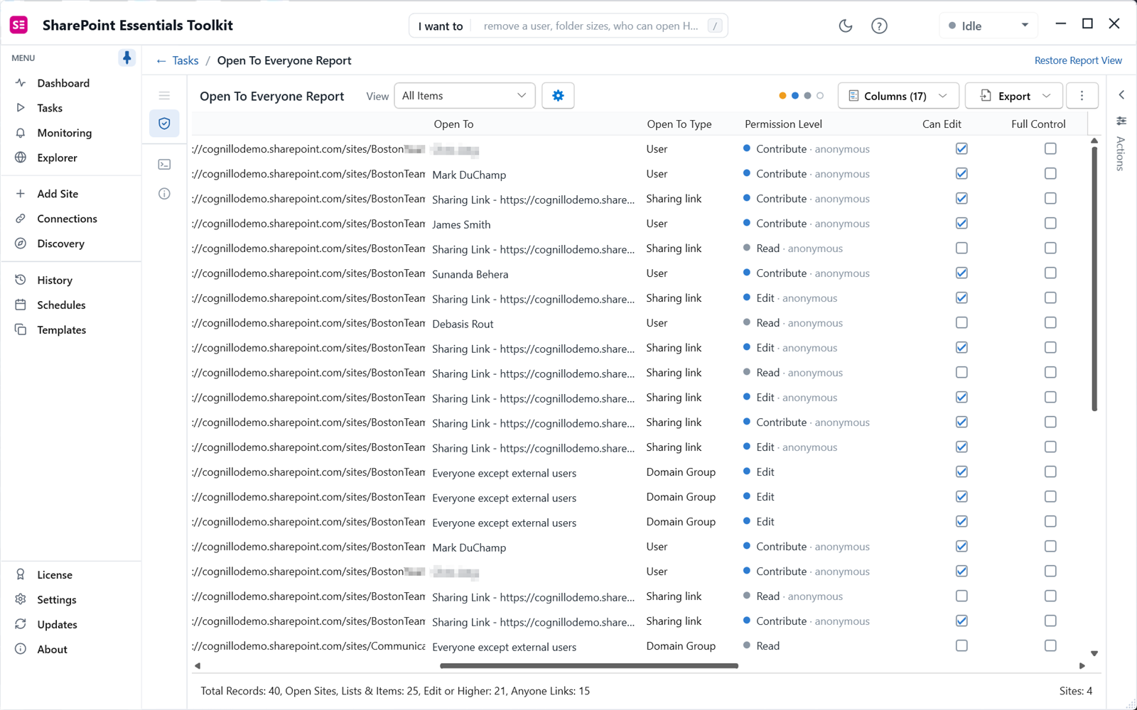 Everyone except external users report details: open to, permission level and can edit columns