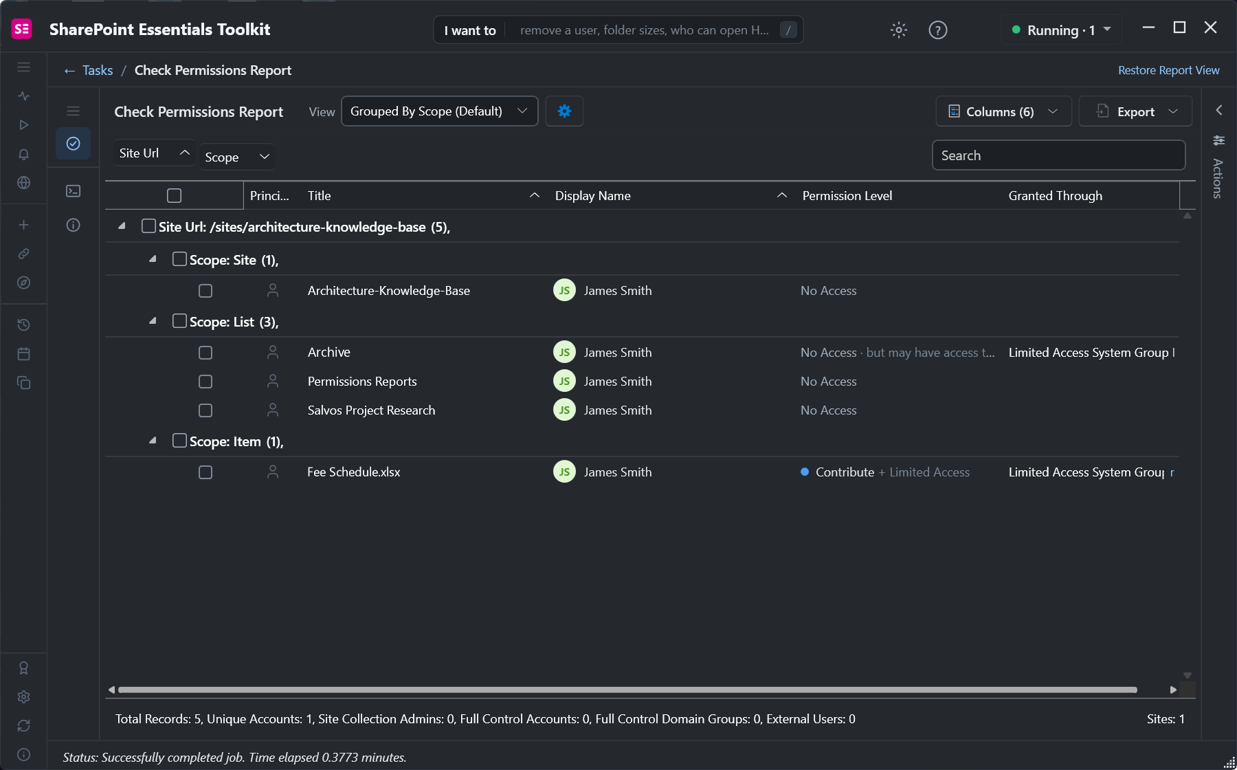 Check permissions results: no access on the site and three libraries, Contribute and Limited Access on one file