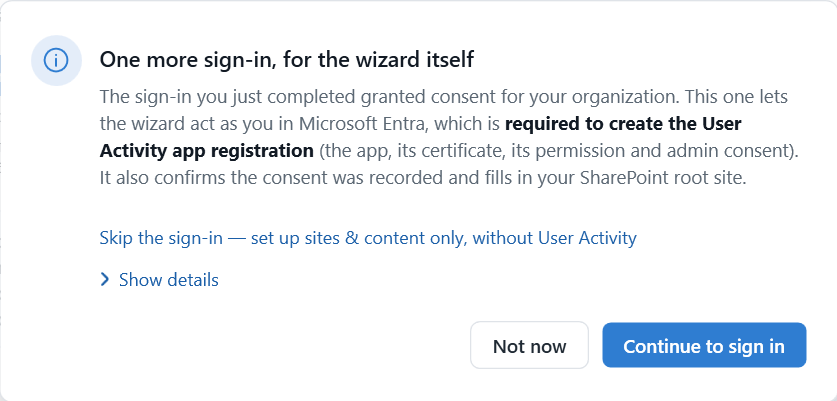 One more sign-in dialog explaining the wizard’s temporary setup permissions