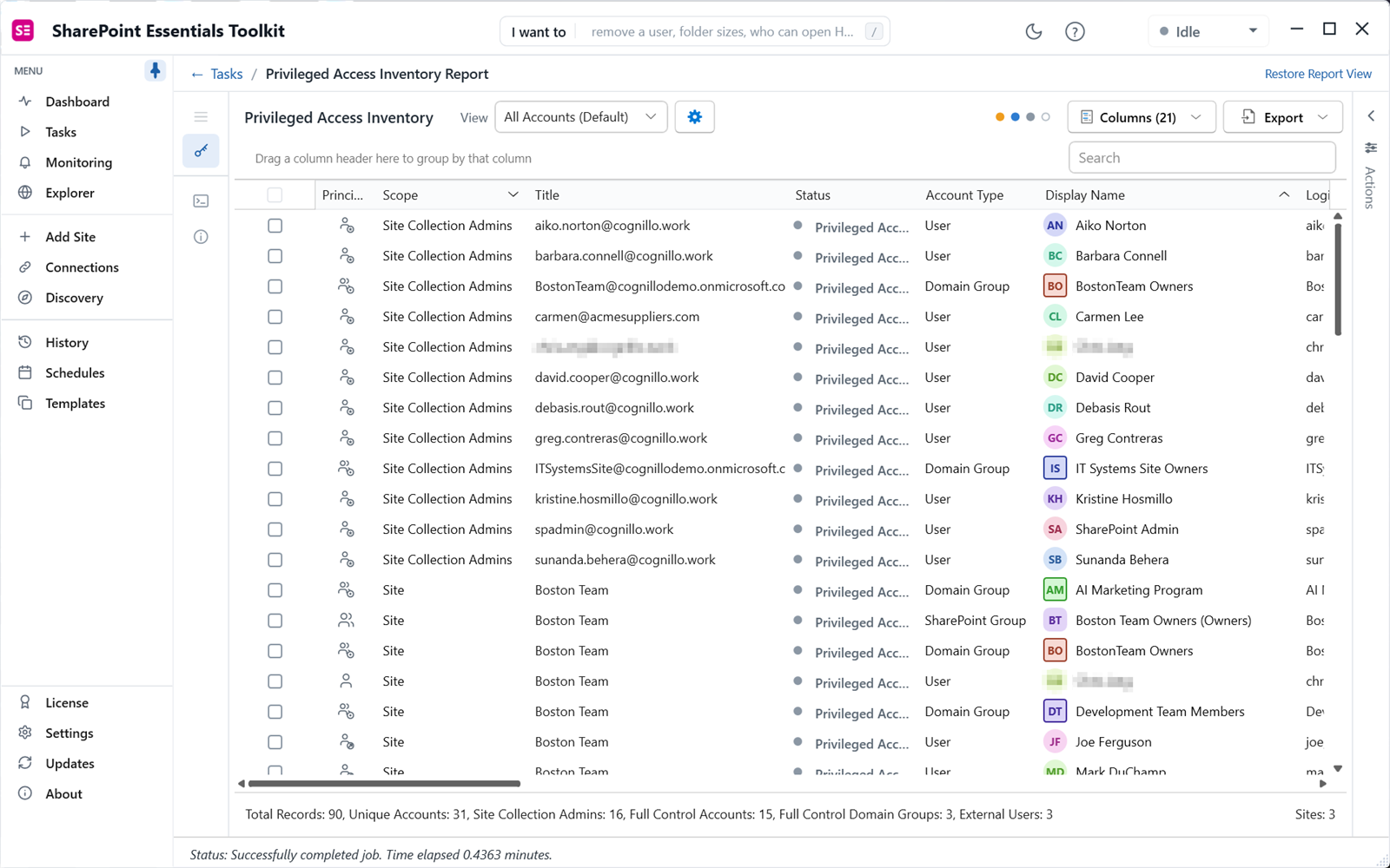 Who has Full Control in SharePoint report listing site collection admins, domain groups and owners