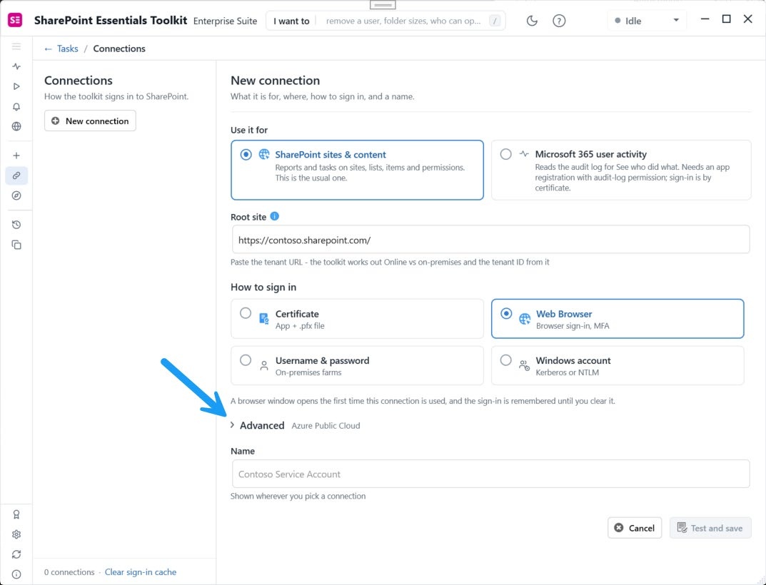 2027 New connection showing SharePoint sites and content, root site, Web Browser and Advanced settings