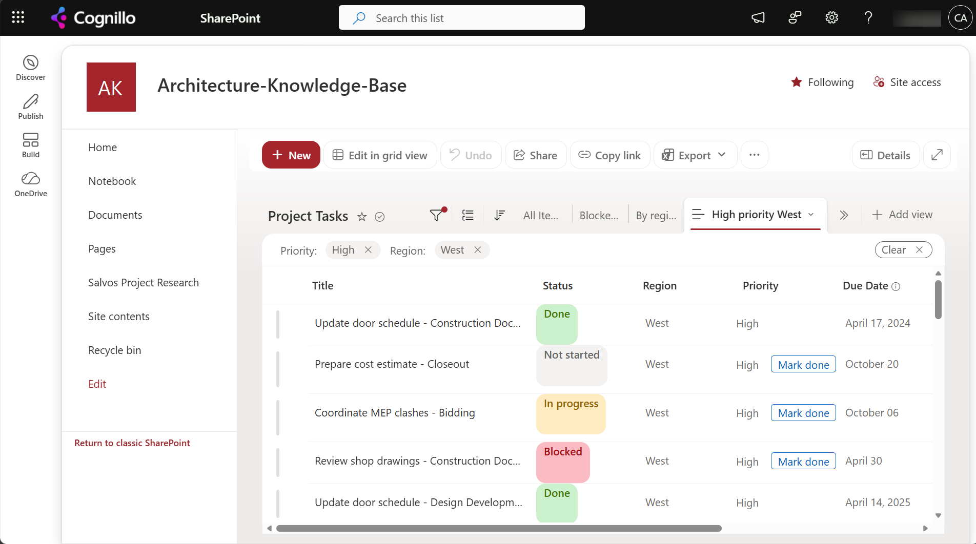 Project Tasks view with colored Status pills (Done, Not started, In progress, Blocked) and a Mark done button in the Priority column on rows that are not done