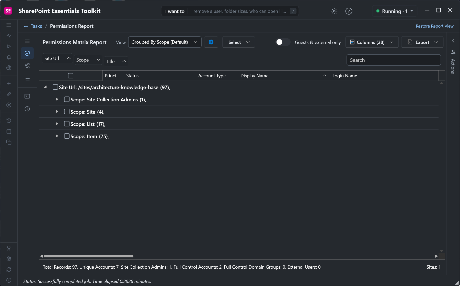 Permissions matrix report grouped by scope: site collection admins 1, site 4, list 17, item 75