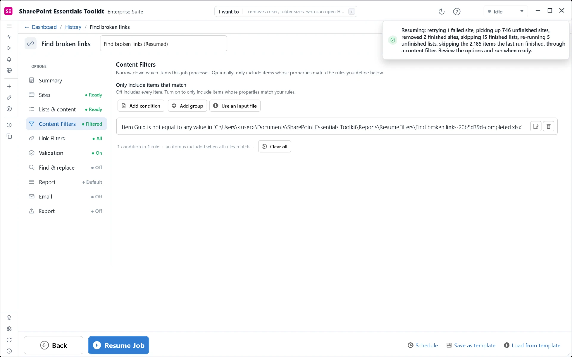 Resumed job options with automatically generated Content Filters
