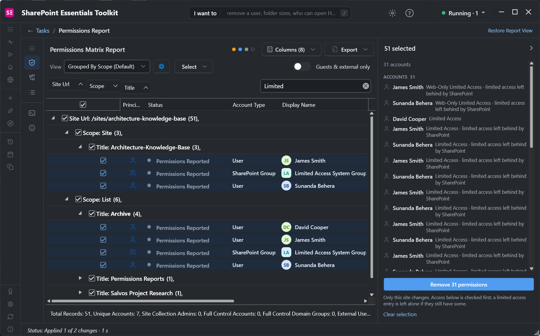 Actions panel with 31 limited access accounts selected, each labelled limited access left behind by SharePoint