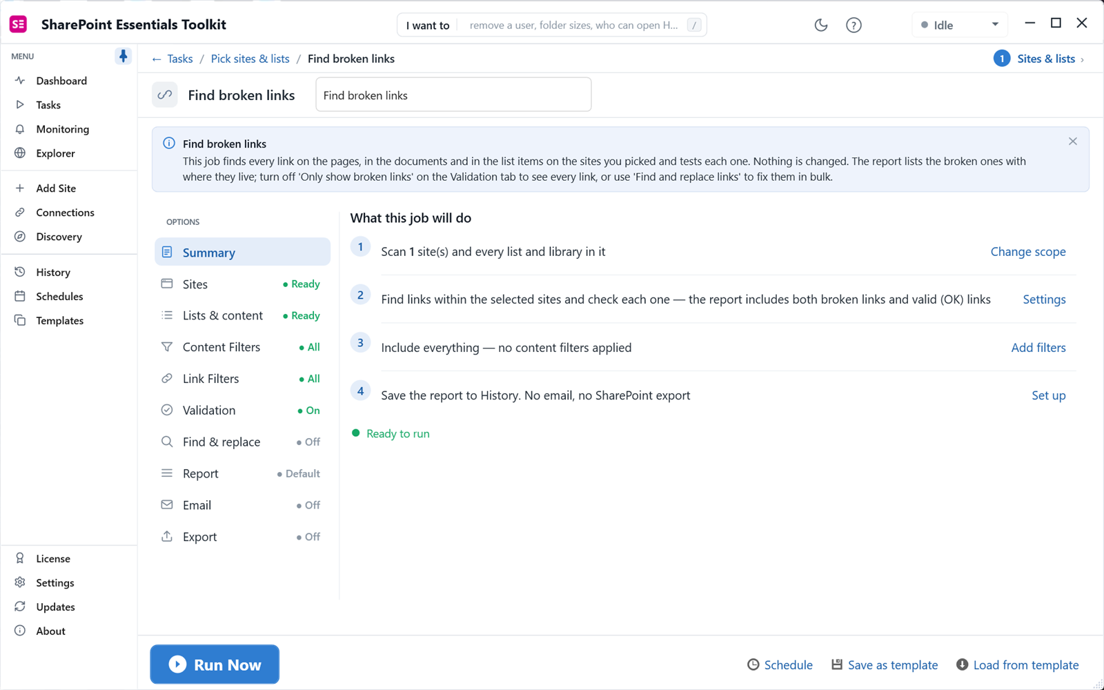 Find broken links job summary in SharePoint Essentials Toolkit with validation and link filters
