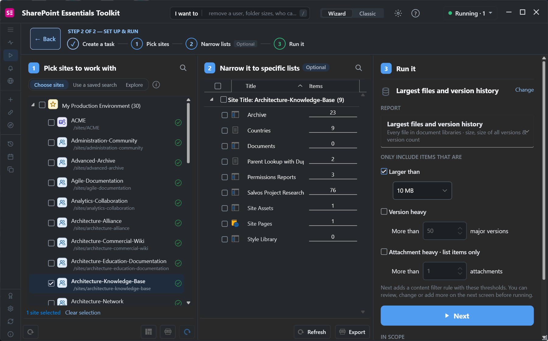Largest files and version history report options: pick sites, narrow to lists, larger than 10 MB, version heavy, attachment heavy