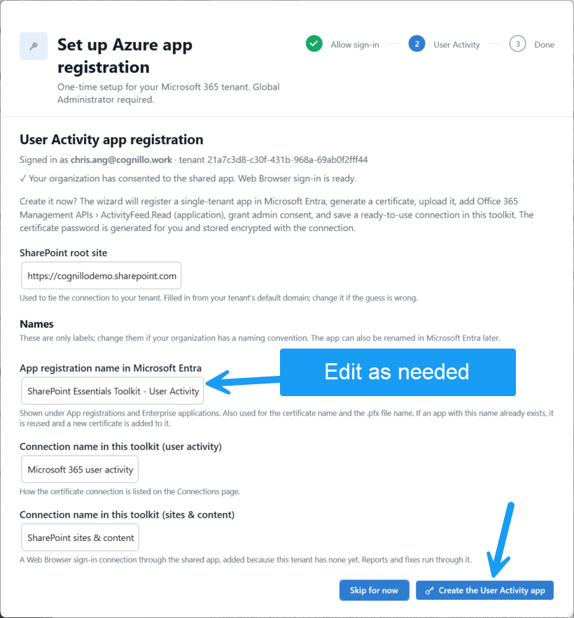 User Activity app setup showing the SharePoint root site, app and connection names, and Create the User Activity app button