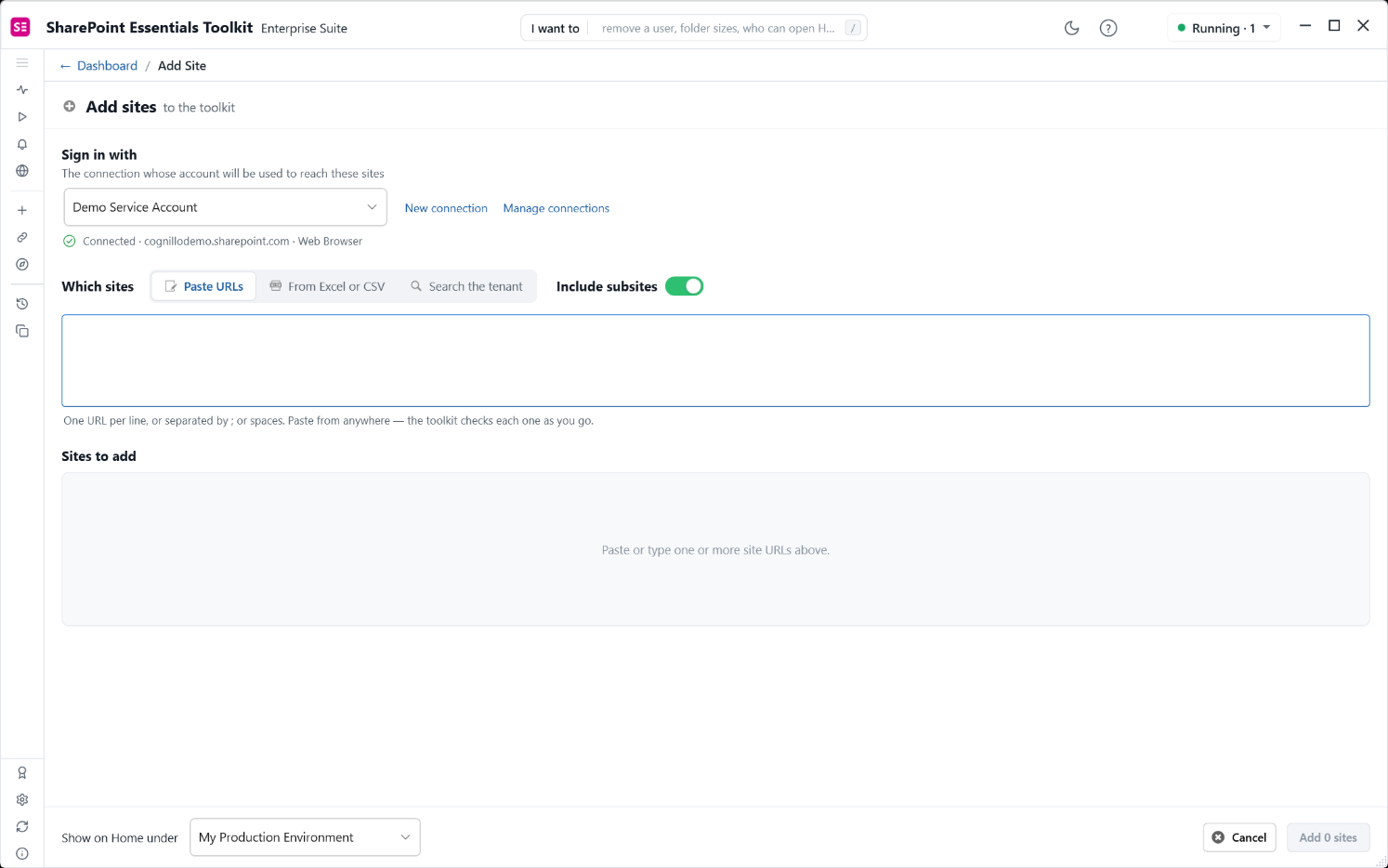 The 2027 Add sites page with connection, three site sources and Include subsites enabled