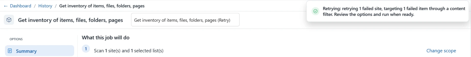 Retry copy targeting a failed site and item