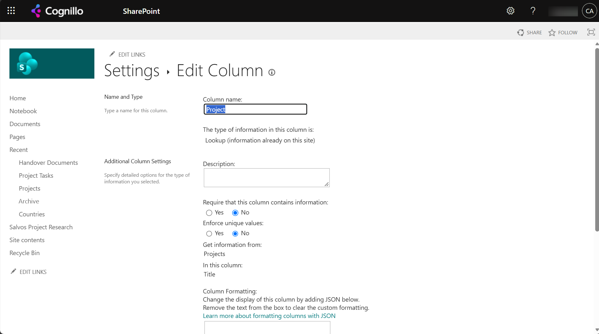 Edit Column page for the Project lookup column: Get information from Projects, in this column Title