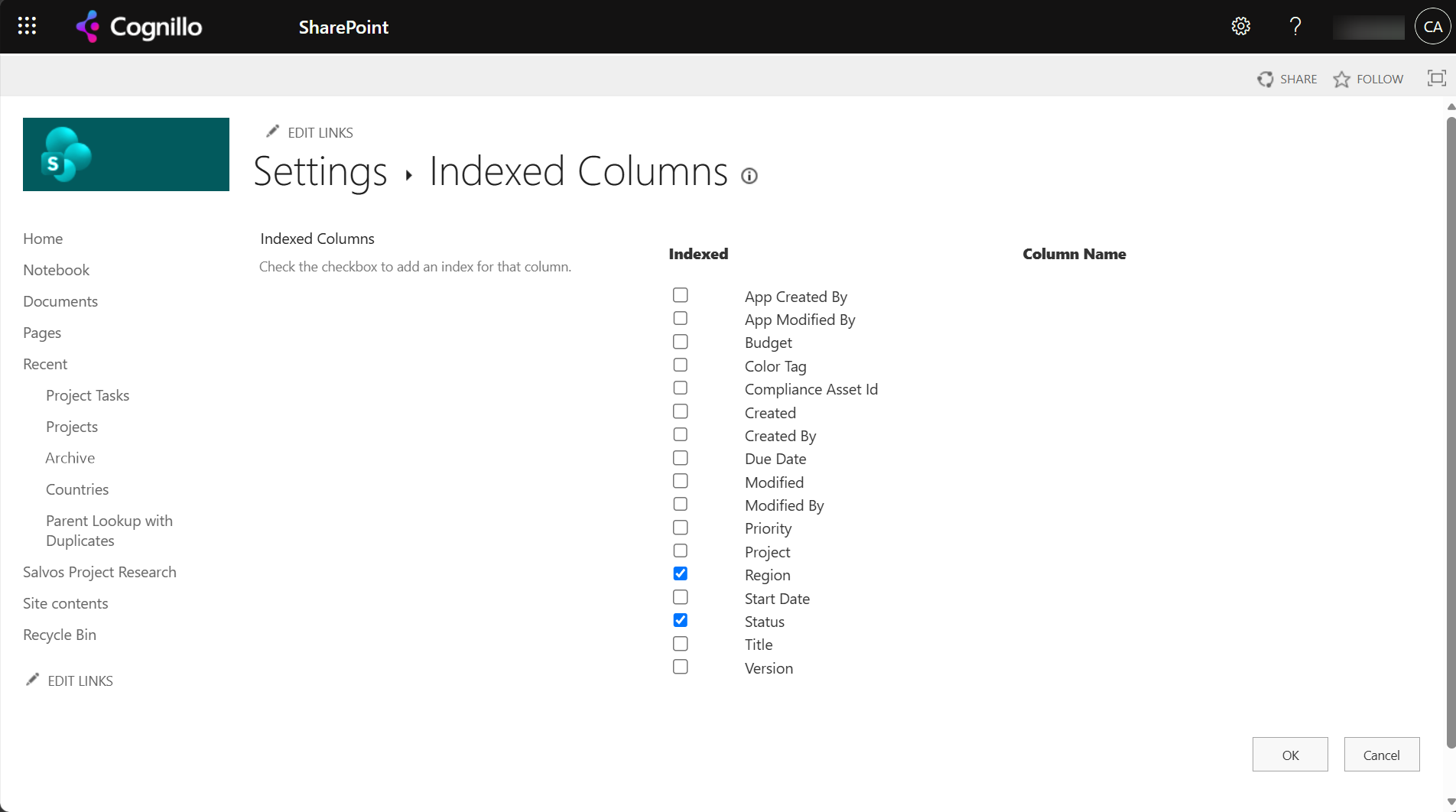 Indexed Columns settings page with Region and Status ticked