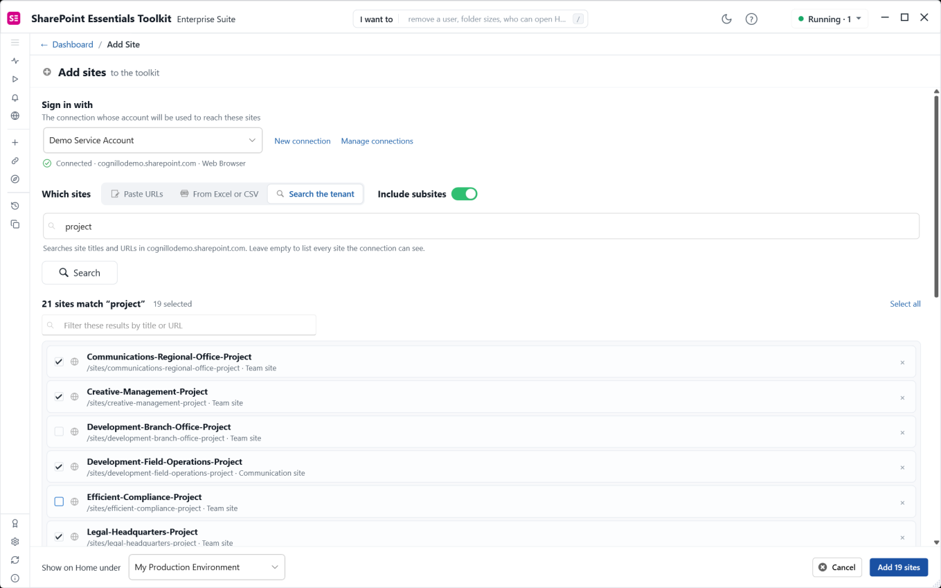 Tenant search for project with 21 matches and 19 selected sites