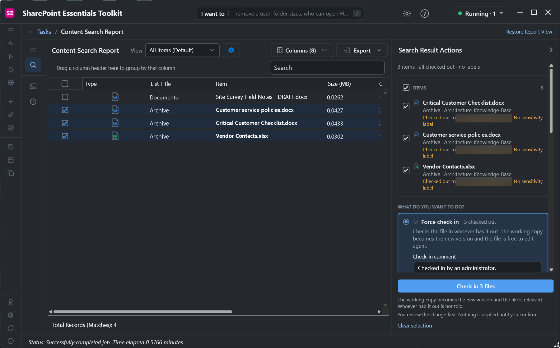 Search Result Actions panel: three checked-out files selected, Force check in with a check-in comment