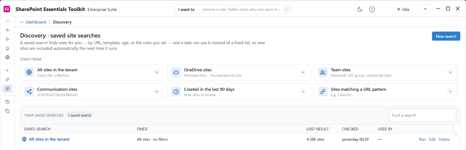 Discovery page showing Start from searches and saved searches with their last results