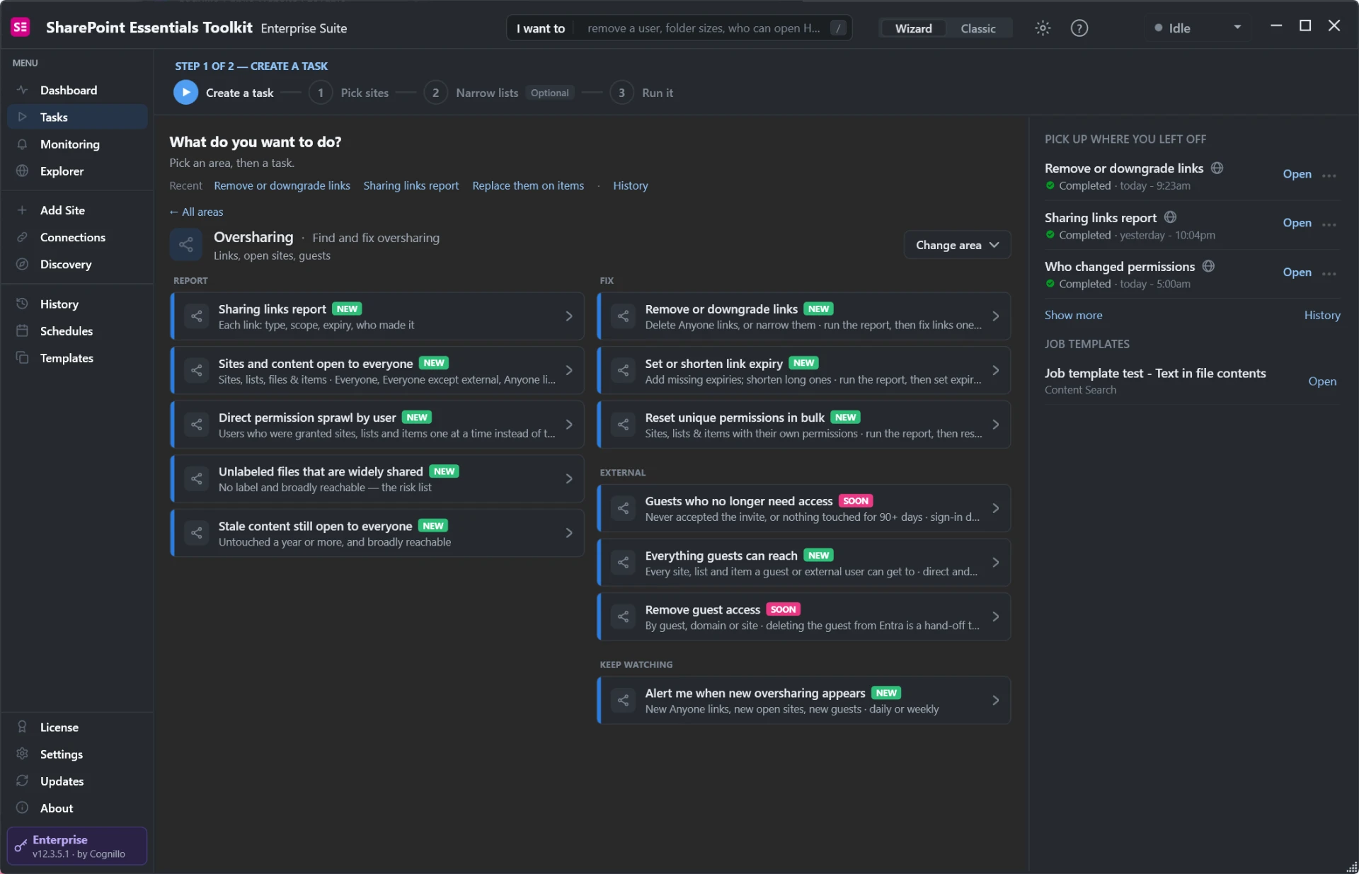 Oversharing tasks in SharePoint Essentials Toolkit: sharing links report, remove or downgrade links, set or shorten link expiry, reset unique permissions in bulk