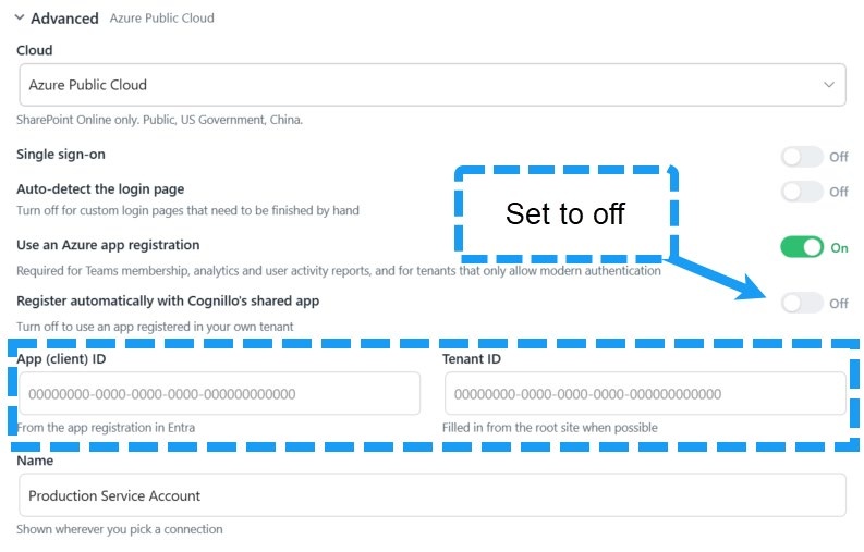 2027 own-app settings with shared app switched off and fields for App client ID and Tenant ID