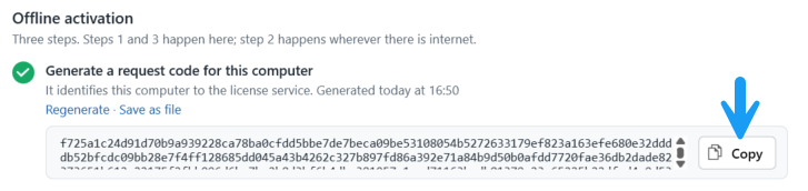 Offline activation request code with the Copy button highlighted
