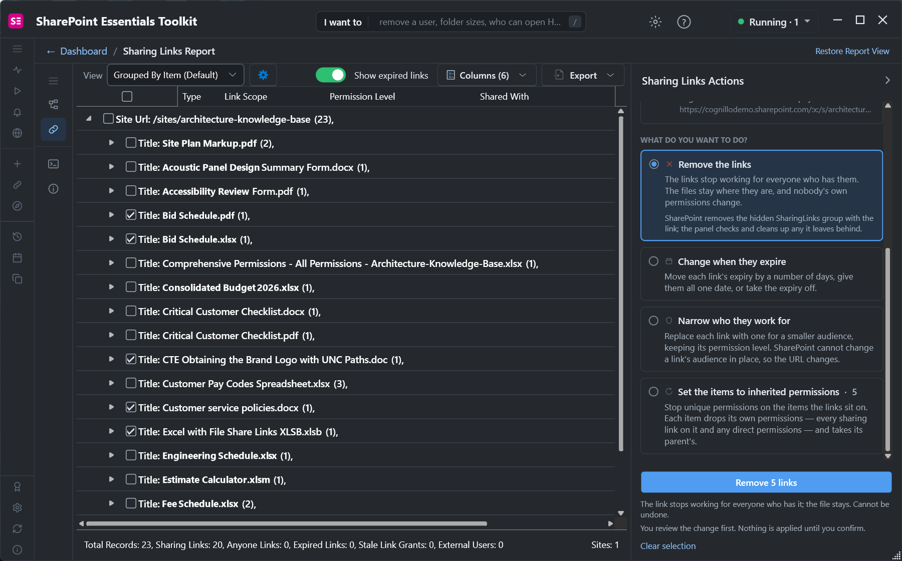 Bulk remove sharing links in SharePoint: five links selected with Remove the links chosen