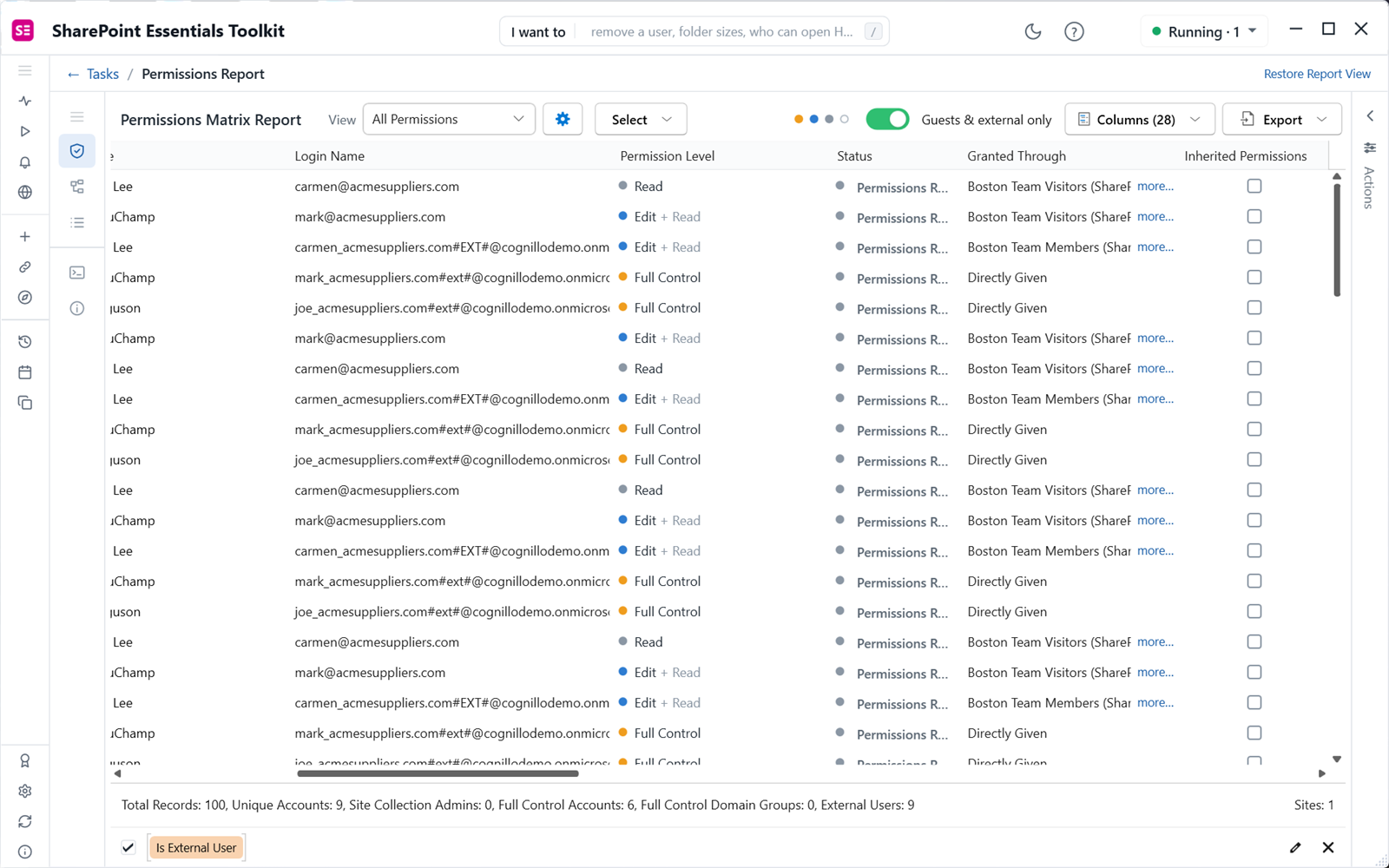 SharePoint guest access details: login name, permission level Full Control directly given, granted through group