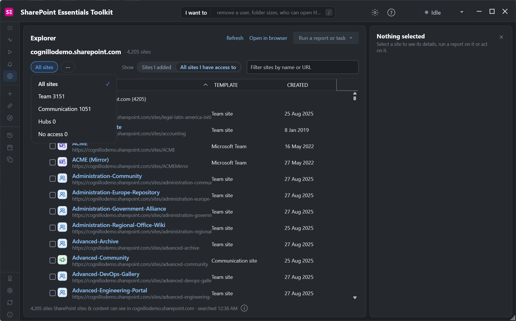 Explorer filter menu: All sites, Team 3151, Communication 1051, Hubs 0, No access 0