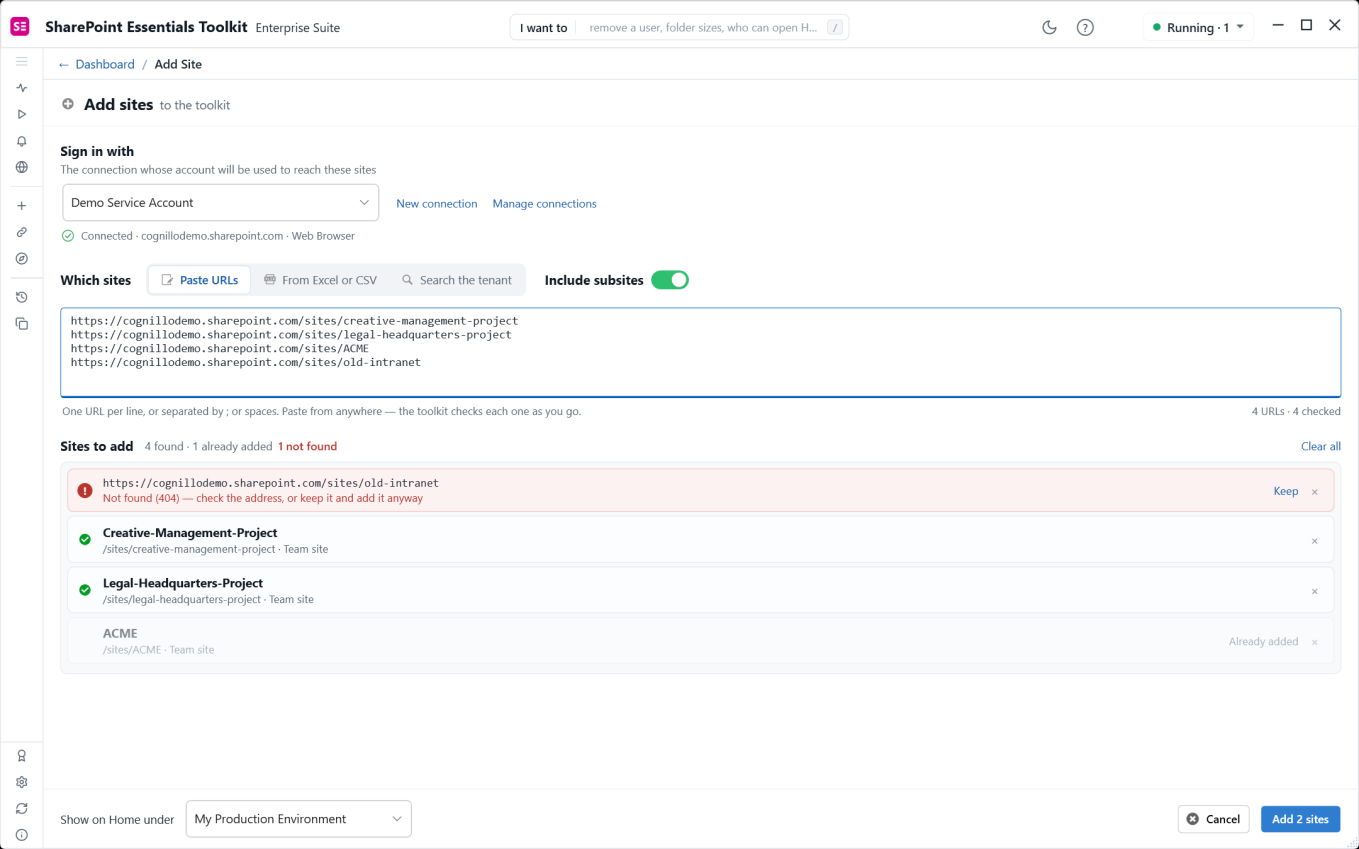 Four pasted URLs showing Not found, two reachable sites and an Already added site