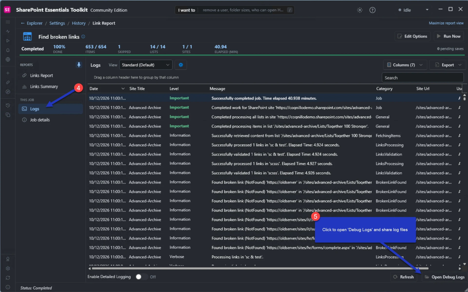 Job Logs view: select Logs under This job, then click Open Debug Logs — markers 4 and 5.
