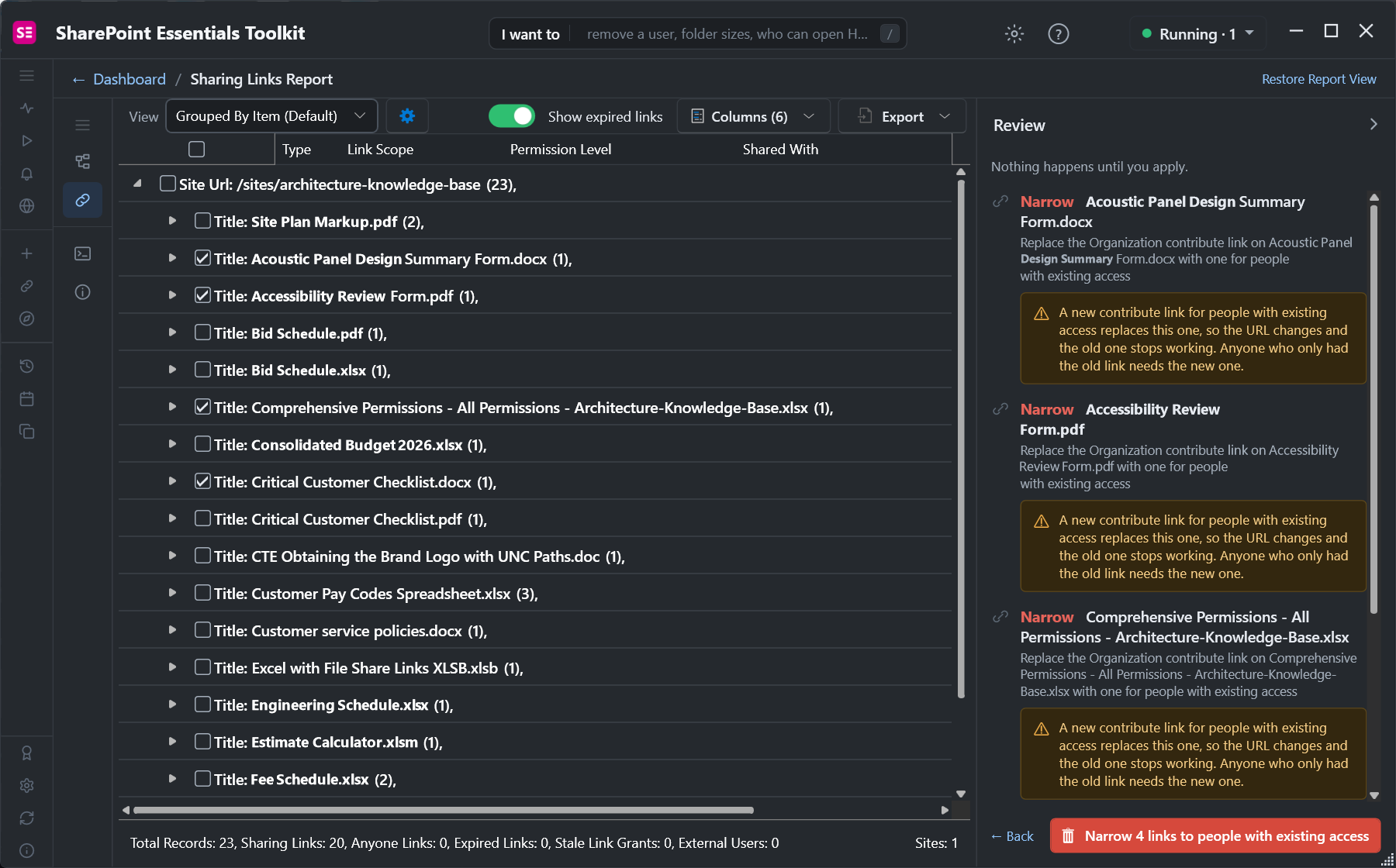 Review of four organization-wide links being narrowed, with a warning that the link URL changes