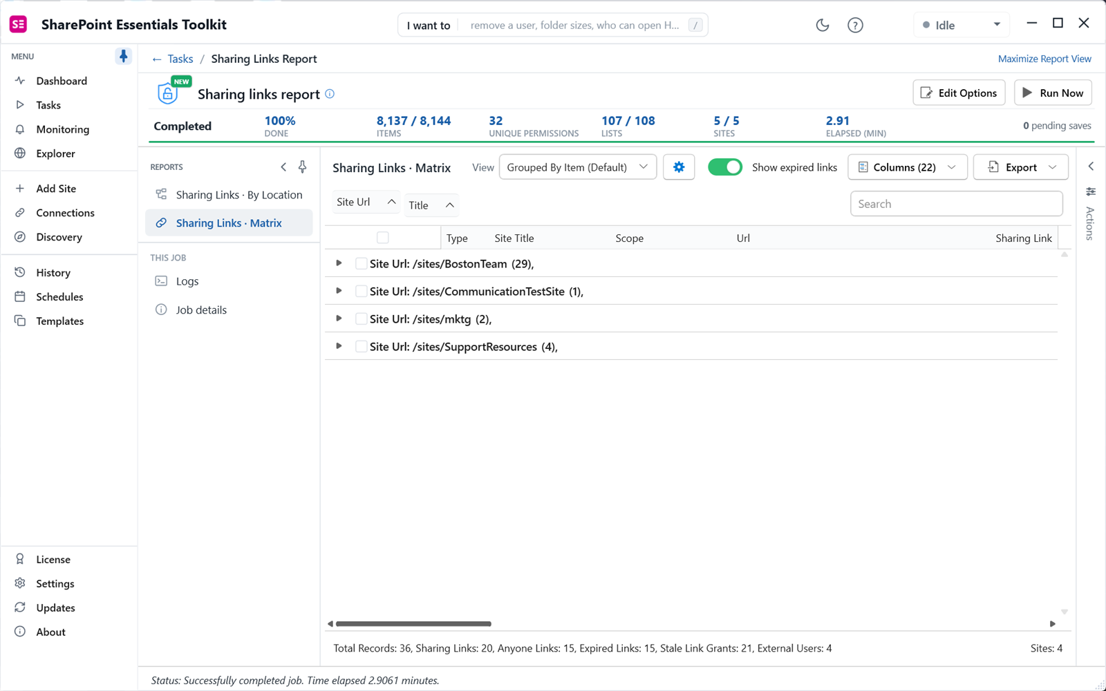 SharePoint sharing links report results across five sites with totals for Anyone links, expired links and external users