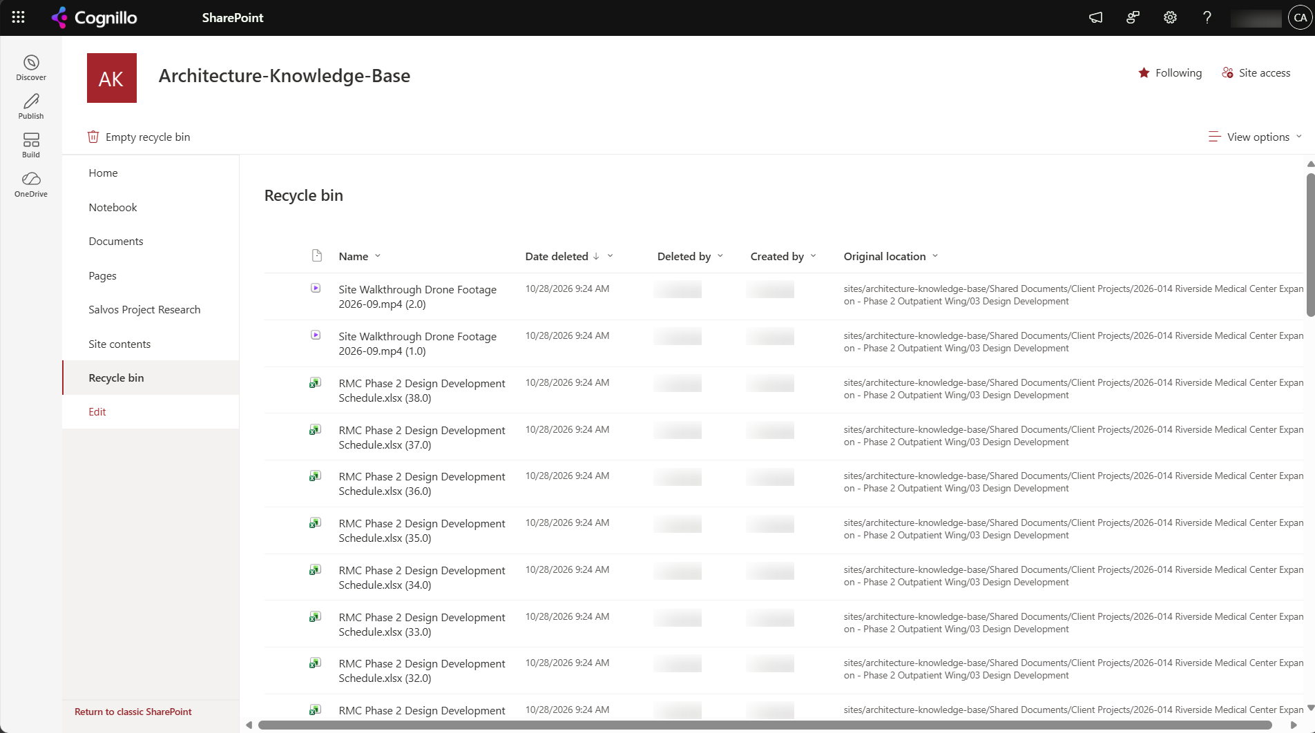 SharePoint recycle bin listing old versions of a drone video and a design schedule workbook trimmed earlier that day