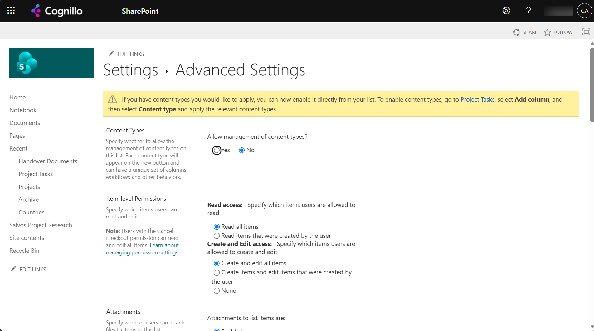 List Advanced Settings with Allow management of content types set to No