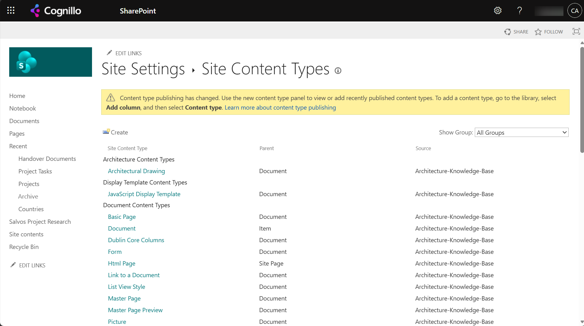 Site Settings, Site Content Types page with the Architectural Drawing content type in the Architecture Content Types group, parent Document, and a banner about content type publishing changes