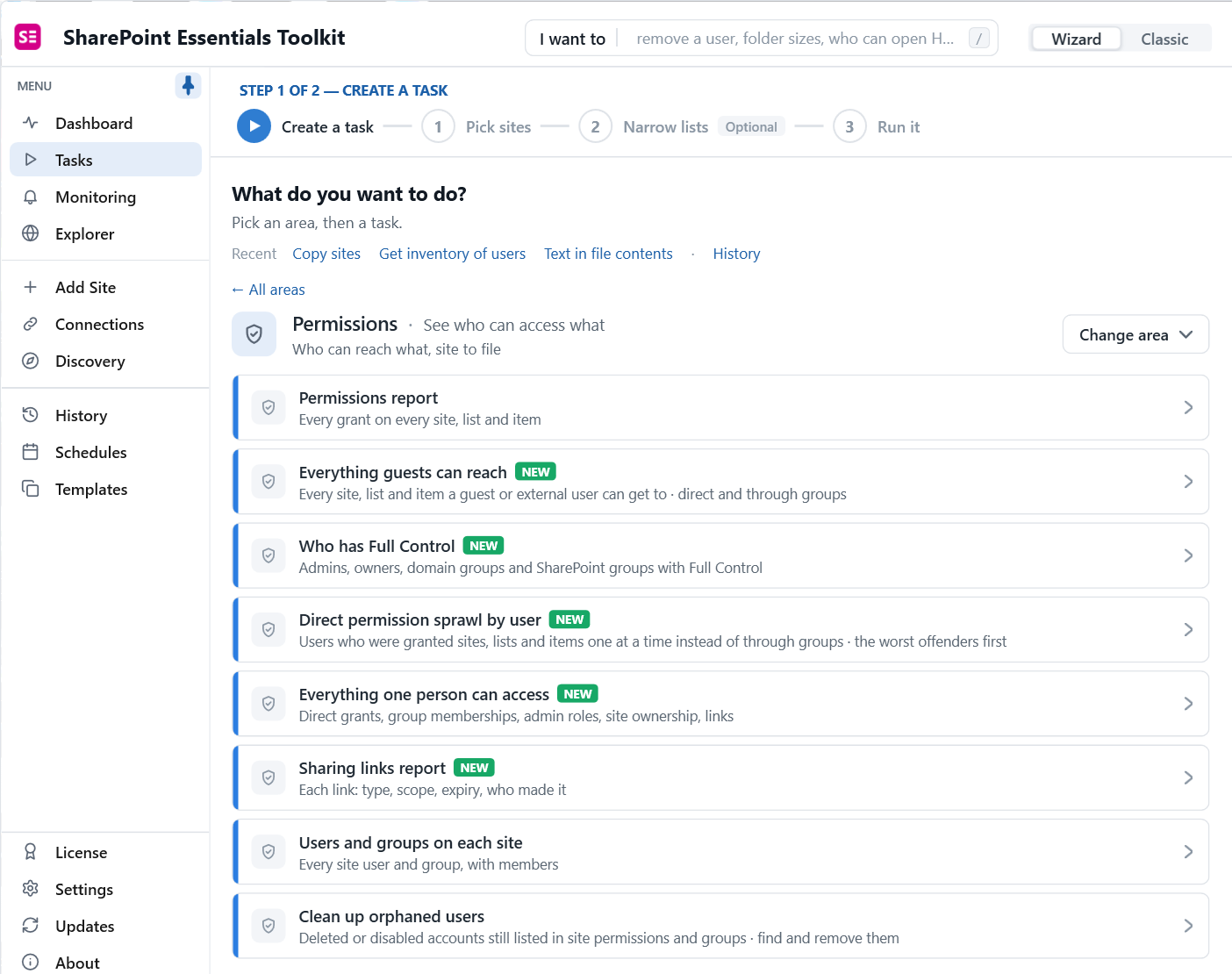 SharePoint Essentials Toolkit permissions tasks including Who has Full Control