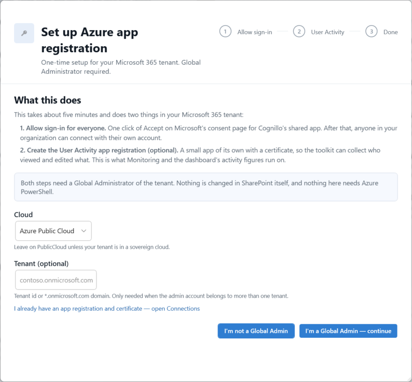 Azure app-registration wizard introduction with cloud, tenant and Global Administrator choices