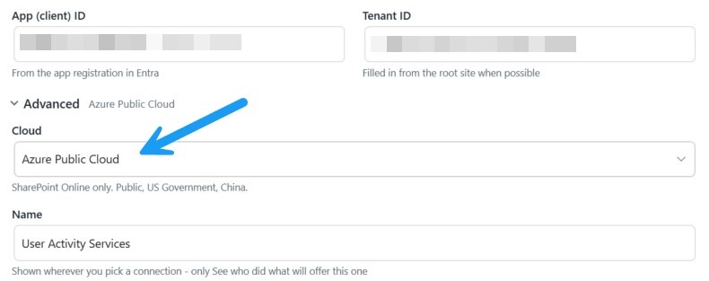 2027 user activity Advanced settings with Cloud selection and connection name