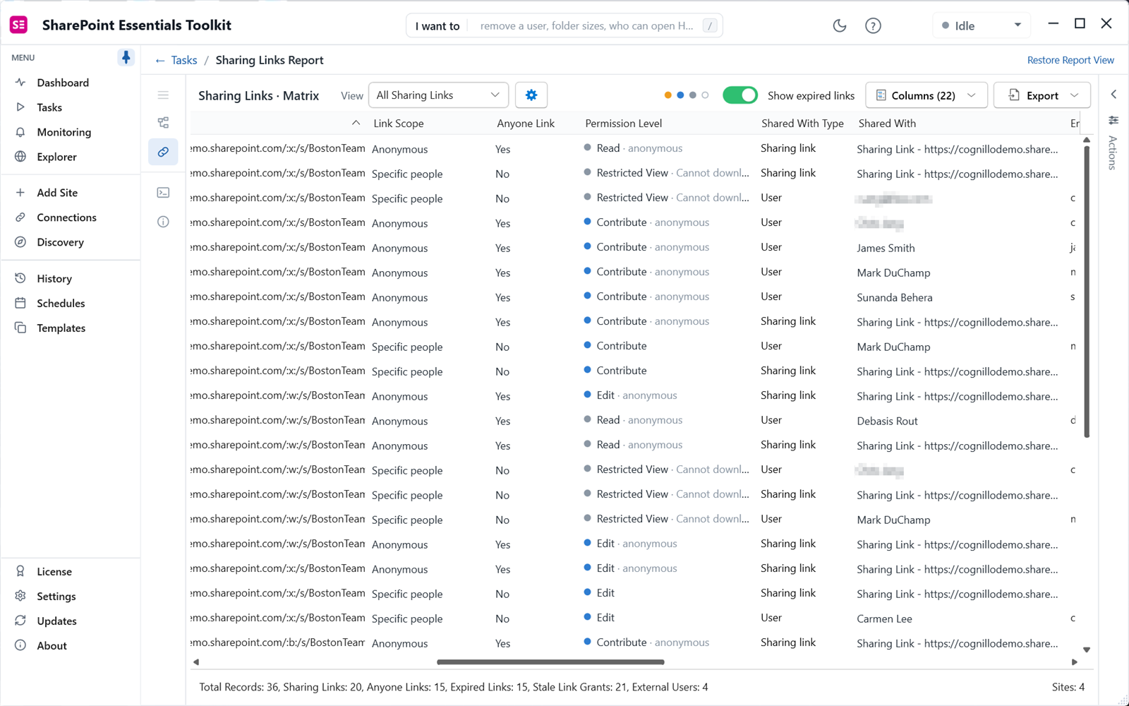 SharePoint anyone links report columns: link scope, permission level and shared with