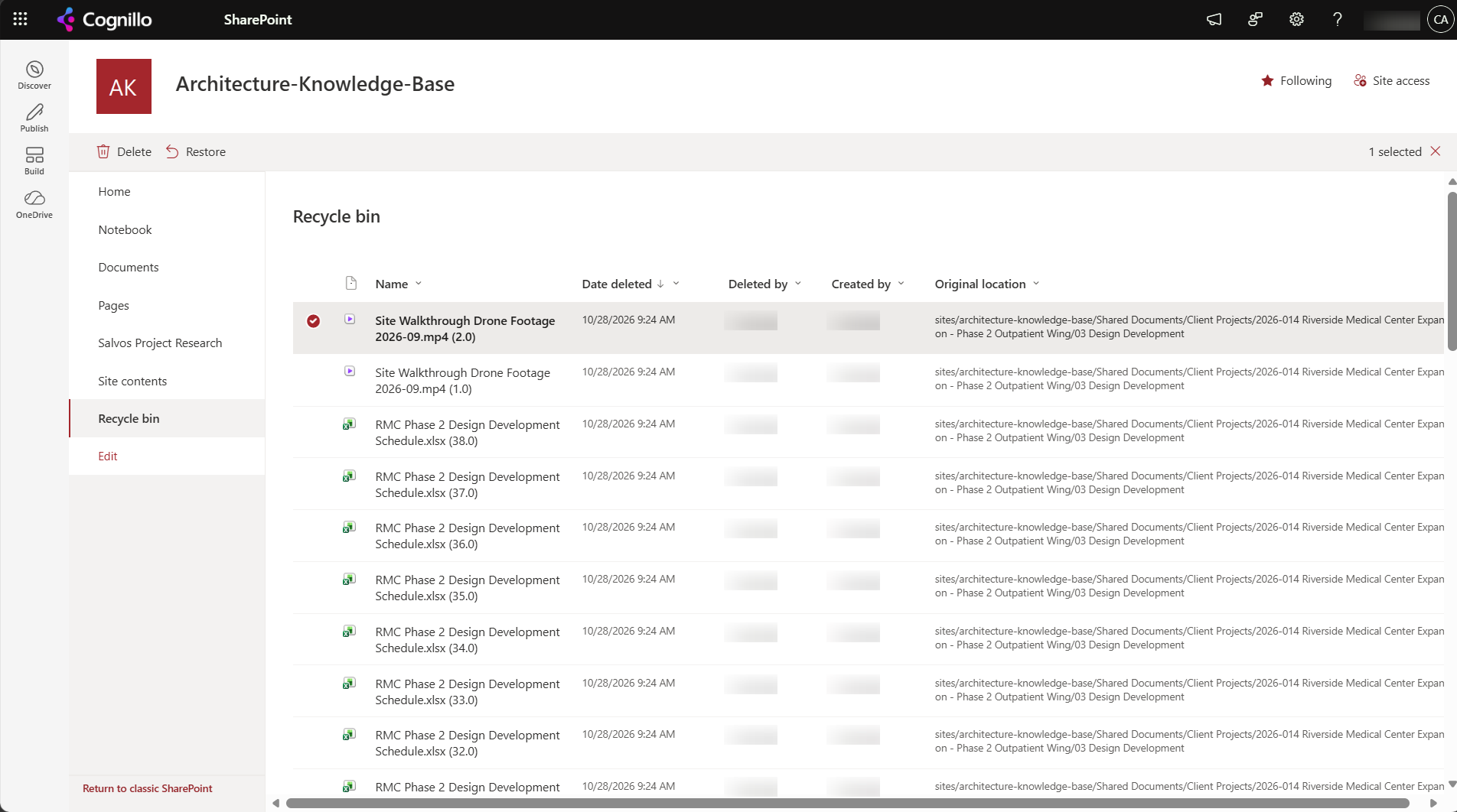 SharePoint site recycle bin with a deleted file version selected and the Restore command