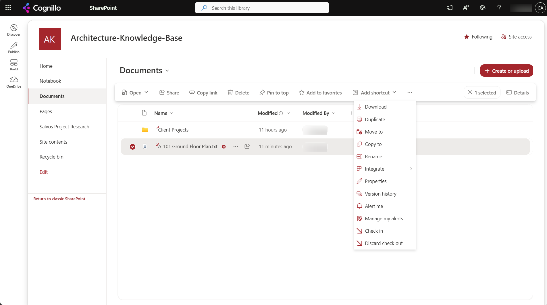 Documents library with A-101 Ground Floor Plan selected and the more menu open showing Move to and Copy to